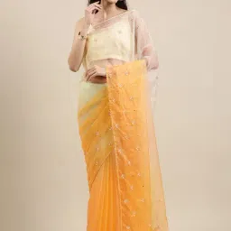 Geroo Jaipur Light Yellow Shaded Handcrafted Organza Saree-picture-17