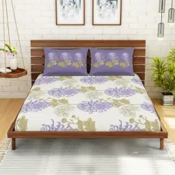 Spaces Purple 144 TC Cotton Queen Fitted Bed Sheet with 2 Pillow Covers-image-79