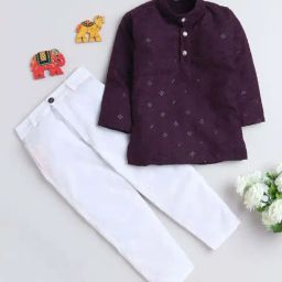 Fourfolds Boys Purple Cotton Embroidery Full Sleeves Kurta Set-image-86