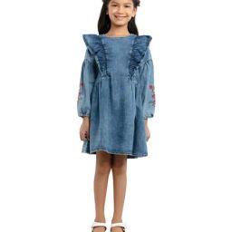 Under Fourteen Only Kids Navy Embroidered Full Sleeves Dress-image-93