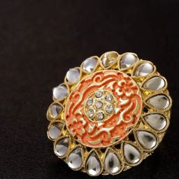 Priyaasi Gold-Plated Kundan Studded Floral Patterned Meenakari Peach Color Finger Ring-image-9