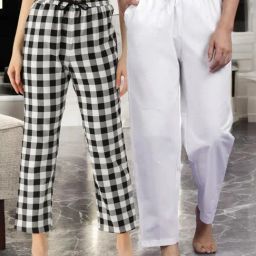 Kryptic White & White Cotton Relaxed Fit Printed Lounge Pants - Pack of 2-image-95