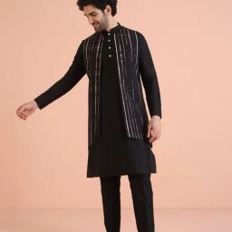 KISAH Black Cotton Regular Fit Printed Kurta Set With Jacket-image-2