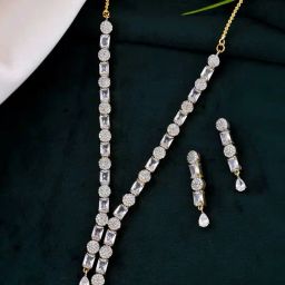VOJ Gold Toned White Stone Studded Necklace & Earring Set-4