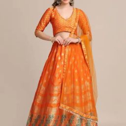Atsevam Orange Woven Pattern Semi-Stitched Lehenga Choli Set With Dupatta-picture-4