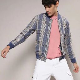 Campus Sutra Blue Regular Fit Check Bomber Jacket-image-87