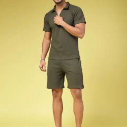 Rigo Olive Slim Fit Textured T-Shirt & Shorts Set-image-48