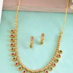 VOJ Gold Toned AD Stone Studded Necklace & Earring Set-6