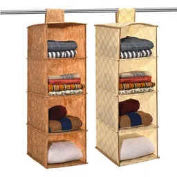 Kuber Industries Brown & Cream Colored 2 Pieces Foldable 4 Shelf Hanging Closet Organisers-78