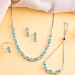 VOJ Silver Plated Teal Stone Studded Necklace, Bracelet, Ring & Earrings Set-image-74