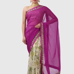 Geroo Jaipur Purple & White Printed Saree With Unstitched Blouse-image-30
