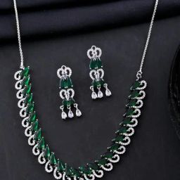VOJ Silver Plated Green Stone Tear Drop Shaped Necklace & Earring Set-2