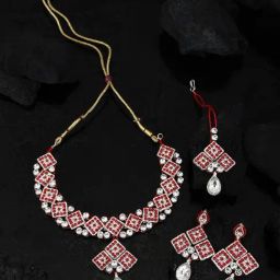 Anikas Creation Gold Plated Red & White Stones Studded & Beaded Jewellery Set-image-17