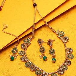 Anikas Creation Gold Plated Green & Beige Kundan Studded Handcrafted Enamelled Jewellery Set-image-22