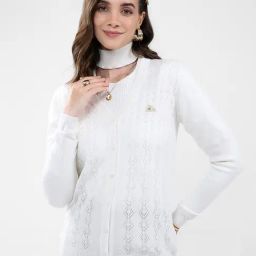 Monte Carlo White Blend Wool Woven Design Cardigan-image-71