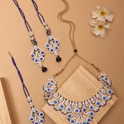 Anikas Creation Gold Plated Blue & White Stones Studded & Beaded Jewellery Set-image-16