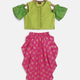 TWISHA Kids Green & Pink Printed Top with Dhoti-image-83