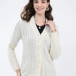 Monte Carlo White Blend Wool Woven Design Cardigan-image-98