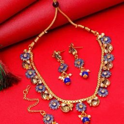 Anikas Creation Gold Plated Blue & Beige Kundan Studded Handcrafted Enamelled Jewellery Set-image-81