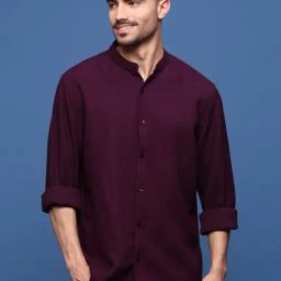 SHOW OFF Burgundy Cotton Slim Fit Solid Shirt-image-80