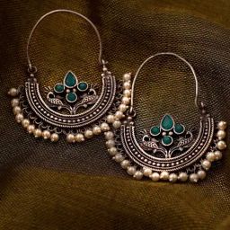 Teejh Saara Floral Aqua Green Stone Bali Earrings-image-97