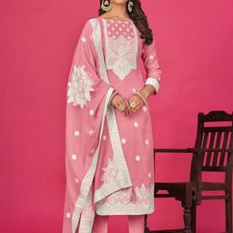 ODETTE Ethnic Motifs Embroidered Zari Organza Semi-Stitched Dress Material-image-42