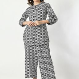 VAPPSYAM Geometric Printed Mandarin Collar Pure Cotton Tunic With Palazzos-49