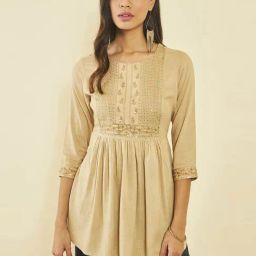 Soch Beige Rayon Slub Floral Embroidered Tunic with Sequin Embellishments-image-4
