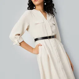 max V-Neck Roll-Up Sleeves Shirt Midi Dress Comes with a belt-image-73