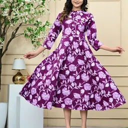 SHOOLIN Women Floral Printed Mandarin Collar Fit and Flare Midi Dress-image-1