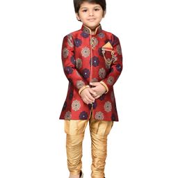 AJ Dezines Full Sleeves Floral Print Sherwani Kurta With Pajama - Red-image-36