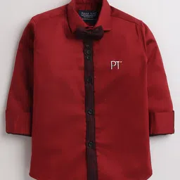 Polka Tots Full Sleeve Placement Embroidered Reverse Collar Placket Shirt With Bow Tie  - Red-picture-25