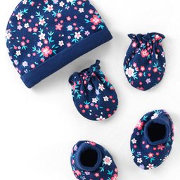 Babyhug 100% Cotton Knit Cap Mittens & Booties With Floral Print Navy Blue - Diameter 11 cm-image-91