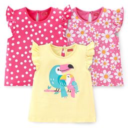 Babyhug Cotton Knit Frill Sleeves Floral & Toucan Bird Printed T-Shirts Pack of 3 - Pink & Yellow-image-61
