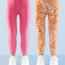 Honeyhap Premium Cotton Elastane Single Jersey Full Length Leggings with Bio Finish Solid Colour & Floral Print Pack of 2 - Pink & Orange-1