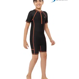 Bosky Swimwear Half Sleeves Bodysuit with Line Print - Black & Orange-picture-37