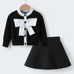 Kookie Kids Knit Full Sleeves Sweater Set with Bow Applique - Black-image-52