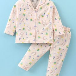 Little Darlings Cotton Knit Full Sleeves Night Suit With Floral & Bunny Print - Peach-image-63