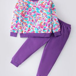 Tiara Fleece Full Sleeves Abstract Printed Sweatshirt With Joggers - Purple-image-31