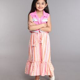 Taffykids Cotton Sleeveless Lace Detailed & Mirrors Embellished Ethnic Crop Shrug & Abstract Printed Singlet Tiered Dress - Orange & Pink-image-99