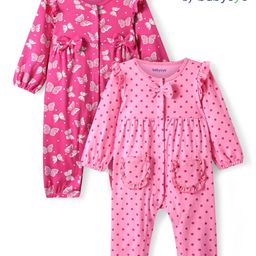Babyoye 100% Cotton Knit Full Sleeves Front Open Rompers with Polka Dots & Butterfly Print Bow AppliquePack of 2 - Pink-image-84