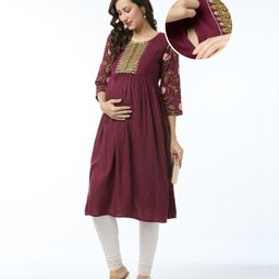 Bella Mama Woven Three Forth Sleeves Maternity Kurta With Embroidered Yoke & Pocket - Wine-image-35