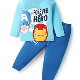 Babyhug Marvel Single Jersey Knit Full Sleeves T-Shirt & Lounge Pant Set With Avengers Graphics - Light & Medium Blue-image-46