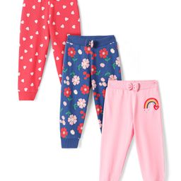 Babyhug Single Jersey Knit Full Length Hearts & Floral Printed Lounge Pants with Bow Applique Pack of 3 - Red Blue & Pink-image-61