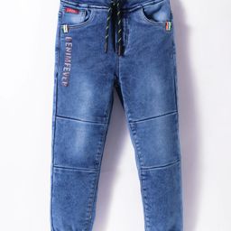 Olio Kids Full Length Cut & Sew Washed Denim Jeans Text Print - Light Blue-image-89
