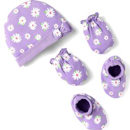 Babyhug 100% Cotton Knit Cap Mittens & Booties Set with Floral Print Purple - Diameter 10 cm-image-59