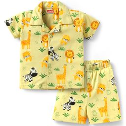Babyhug Single Jersey Knit Half Sleeves Night Suit With Wild Animal Print - Cream-image-79