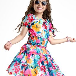 Ollington St. Woven Georgette Half Sleeves Top & Skirt Co-ord Set with Floral Print - Light Blue & Pink-picture-4