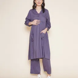 Mine4Nine Rayon Woven Three Fourth Sleeves Solid Maternity Kurta With Nursing Access & Palazzo Set - Grey-picture-49