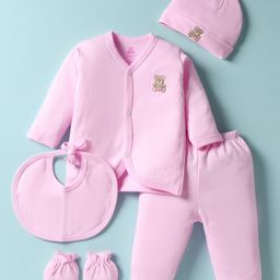 I Bears Interlock Knit Full Sleeves Front Open T-Shirt & Pant Set With Cap Bib & Mittens - Pink-image-63